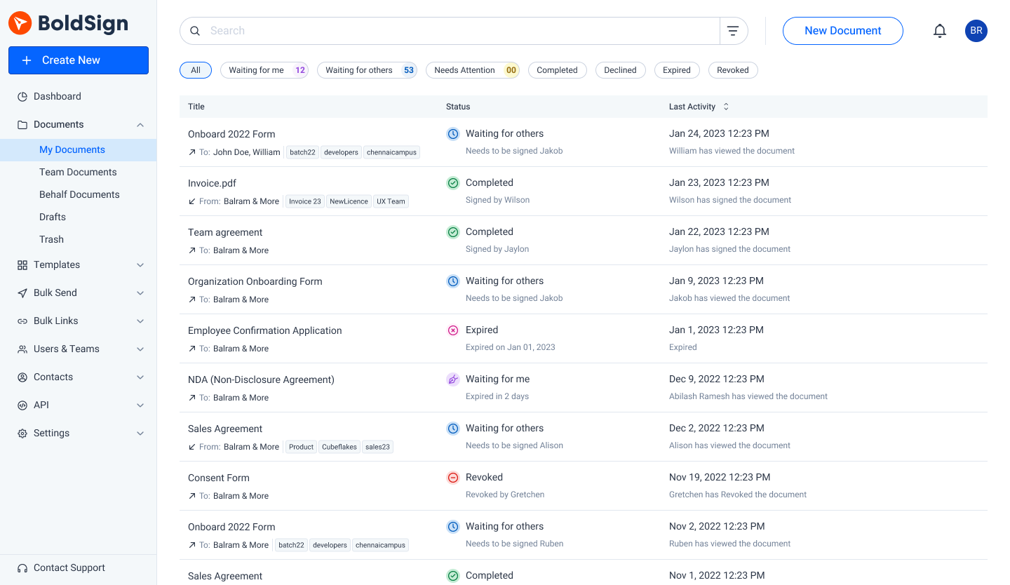 BoldSign dashboard with document status filters